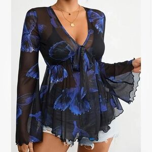 Tie-Front Flare Sleeve Blouse